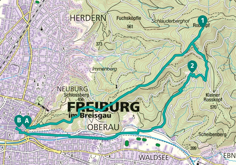 Route: Schwabentor (A), Roßkopf (1), St. Ottilien (2), Schwabentor
(B)