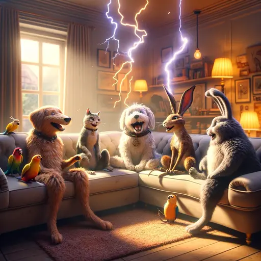 Animals sitting on a couch discussing, with lightnings in the background