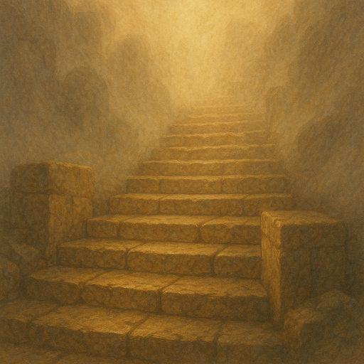 Alte Steinstufen, die durch Nebel nach oben führen, symbolisieren den ungewissen Pfad der menschlichen Zivilisation und die philosophische Frage, ob die Menschheit wirklich Fortschritte macht oder nur Illusionen des Fortschritts schafft