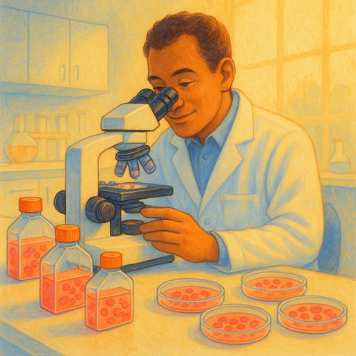 Laboratory scientist carefully examining cultured human cells under a microscope, with cell culture flasks and petri dishes visible on the lab bench, showing the precise work of growing cells outside the body for medical research