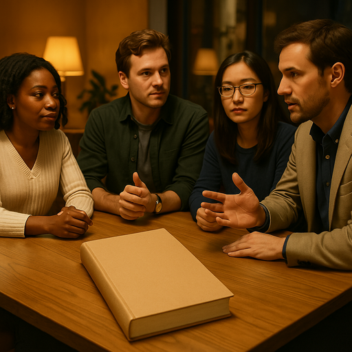 A thoughtful group of people engaged in deep discussion around a table with a book