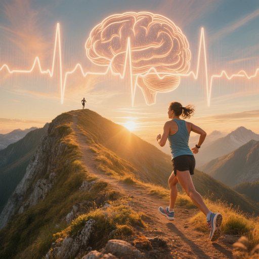 A determined runner on a sunlit mountain ridge at golden hour, with a subtle overlay of heartbeat and brain outline, symbolizing the balance of body and mind at the limits of human endurance A determined runner on a sunlit mountain ridge at golden hour, with a subtle overlay of heartbeat and brain outline, symbolizing the balance of body and mind at the limits of human endurance