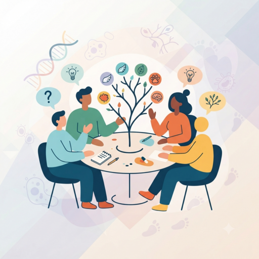 People discussing evolution Abstract illustration of people sitting around a table discussing evolution, with a tree of life and DNA motifs