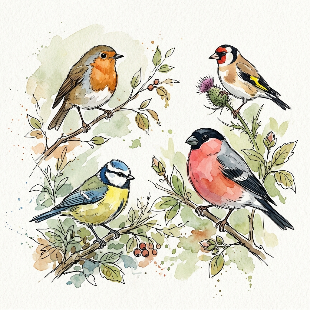 Birds native to Germany Watercolor illustration of a robin, a goldfinch, a blue tit and a bullfinch perched on branches