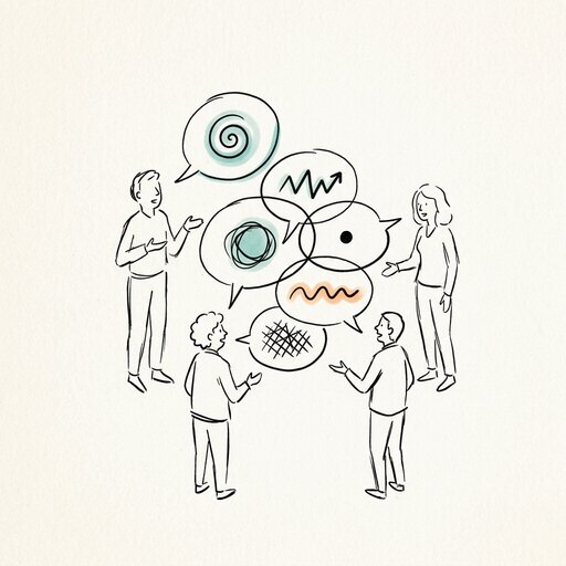 Sketch of five people in a circle whose overlapping speech bubbles hold different symbols