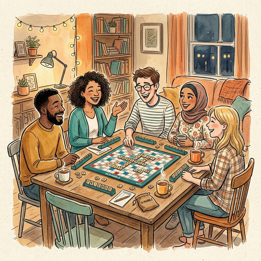 Friends playing Scrabble Illustration of friends playing Scrabble together at a table