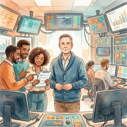Staying calm under pressure Watercolor of a calm man in a busy control room while three colleagues look at a checklist together